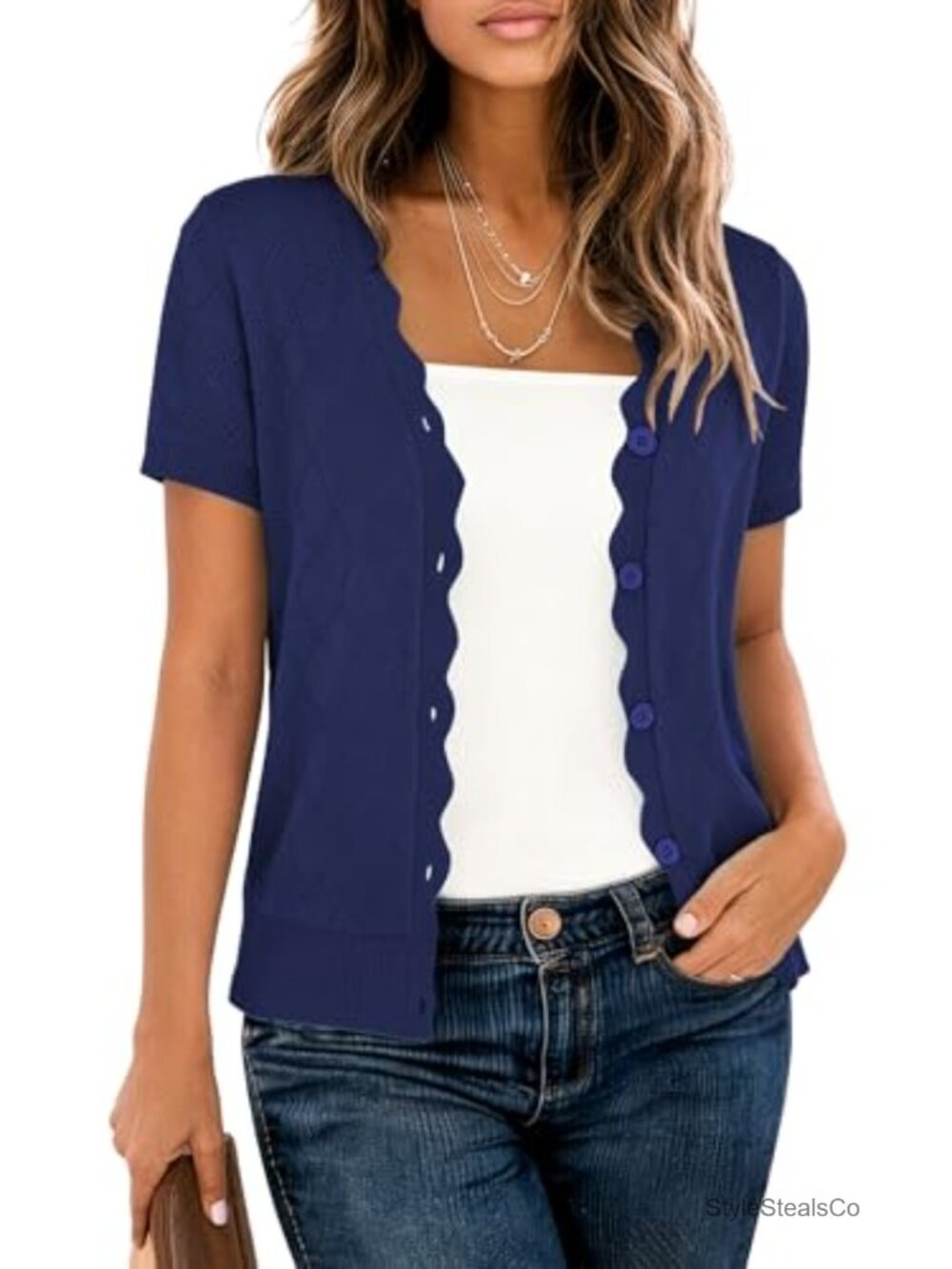 LILBETTER Women's Short Sleeve V-Neck Scalloped Pointelle Knit Cardigan Summer